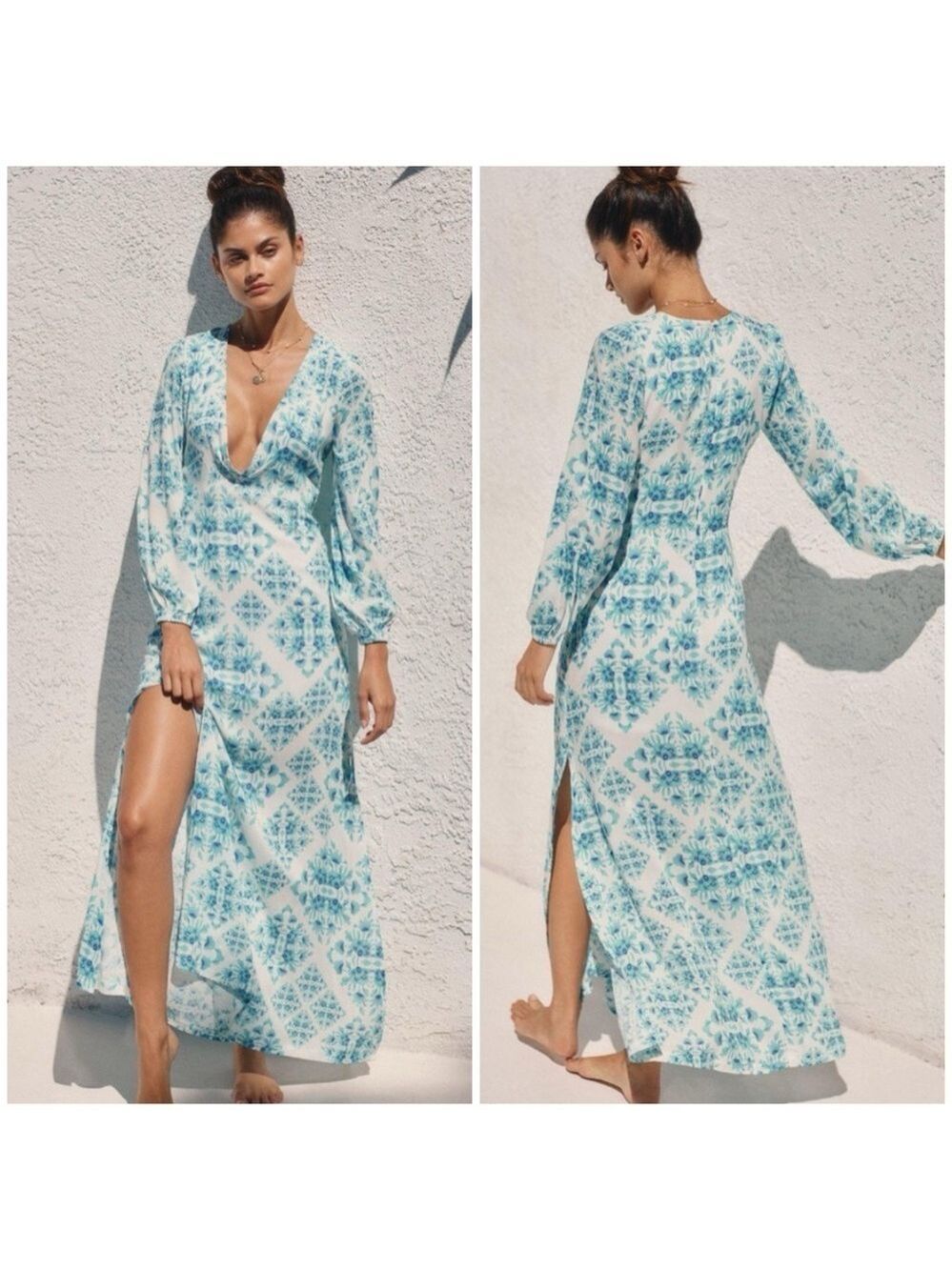 Luli Fama Ready To Wear Deep V Neckline Maxi Dress in Aqua